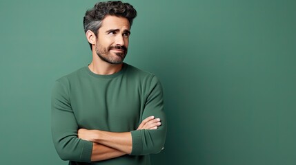 Portrait of a Person Smiling, Bearded Man Wearing a Green Long Sleeve Shirt, Background with Copy Space for Text, Fashion Model Advertisement Backdrop 