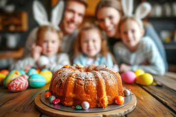 Springtime tradition: family with children rejoicing over easter cake and painted eggs at dinner table - obrazy, fototapety, plakaty