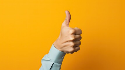Hand Giving a Thumbs Up in Agreement, Monotone Single Color Yellow Background with Copy Space for Text, Commercial Backdrop