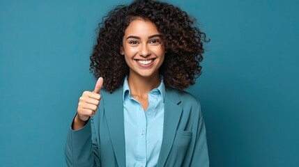 Brunette Woman Giving A Thumbs Up, Agreement and Success, Blue Marketing Backdrop, Advertising Wallpaper, Happy People Gesturing Background