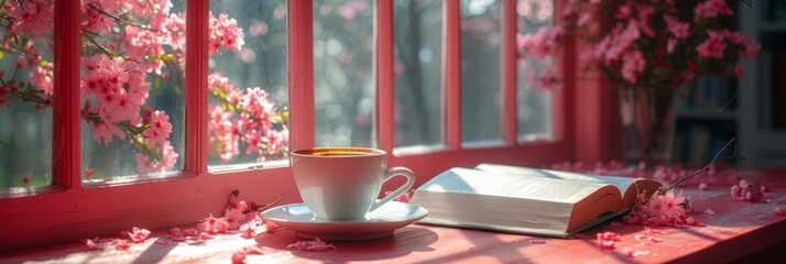 A cozy indoor scene with a vibrant red flower in a vase, a steaming cup of coffee on a table, and a person sitting by the window with a book in hand
