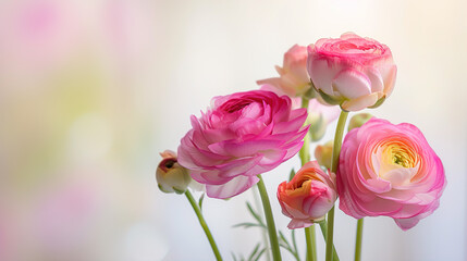 Fototapeta premium Set with beautiful spring ranunculus Flowers on Background. Banner design. Illustration for Albums, notebooks. Web banner. greeting card with Copy Space