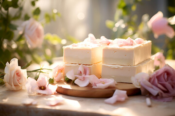 Turron stack in spring flowers setting, surrounded by gentle pink flowers. Traditional Spanish nougat. Soft turron with floral accents