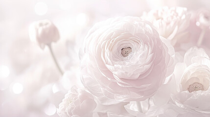 Set with beautiful spring ranunculus Flowers on Background. Banner design. Illustration for Albums, notebooks. Web banner. greeting card with Copy Space