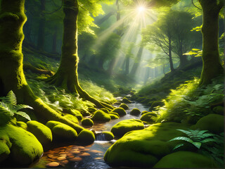 Mystical Woodland Oasis: Sunlit Forest Glade with Moss-Covered Floor and Meandering Stream. generative AI