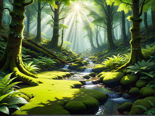 Mystical Woodland Oasis: Sunlit Forest Glade with Moss-Covered Floor and Meandering Stream. generative AI