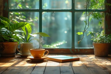 A cozy nook in the house, with a cup of coffee and a book resting on a wooden table by the window, surrounded by a beautiful indoor garden of houseplants, sitting in a flowerpot and vase, bringing th - obrazy, fototapety, plakaty