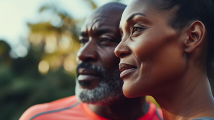 Mature african american couple exercising together outside in nature. Couple staying fit and healthy together - obrazy, fototapety, plakaty