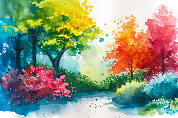 watercolor illustration of a colorful burst, with a beautiful garden in the background.