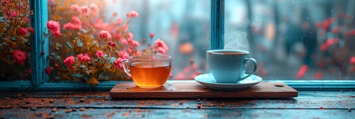 A refreshing cup of tea, served in a delicate orange teacup on a flower-adorned saucer, sits atop a quaint table by the window, bringing a sense of tranquility to the morning scene - obrazy, fototapety, plakaty