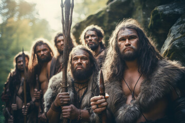 Ancient warriors in traditional costumes and fur, embodying ritualistic beliefs and cultural practices. - obrazy, fototapety, plakaty