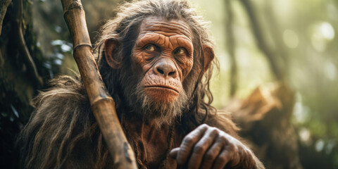 A serious-looking chimpanzee, a human-like ancestor, in a wildlife portrait amid nature.