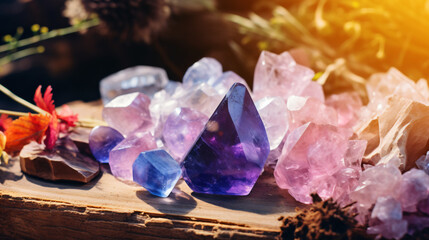 Gemstones, crystals, minerals on mysterious nature background. - obrazy, fototapety, plakaty