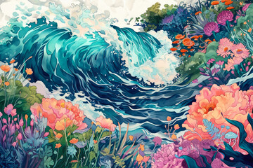 Fototapeta na wymiar watercolor illustration of a colorful wave, with a beautiful garden in the background