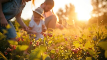 A family picking berries in a sunny meadow on a warm summer day
