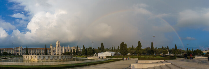 Panorama of the Hieronymites Monastery Mosteiro dos Jeronimos in Belem with rainbow on the sky...
