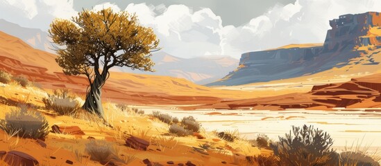 Djanet's Tadrart Rouge desert features an Acacia tree, sand gradient, dry herbs, yellow sandstones, rocky mountain, and cloudy grey sky. - Powered by Adobe