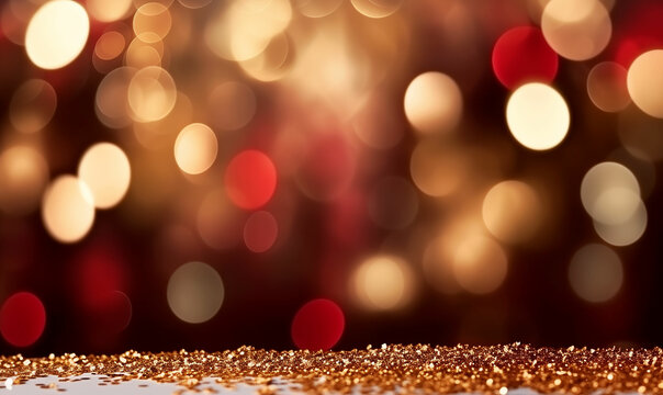 gold glitter background and golden and red bekeh lights with focus area.