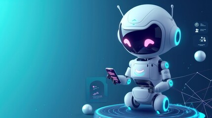 Adorable 3D Robot Character Interacting with Advanced Technology Smartphone Interface. 
