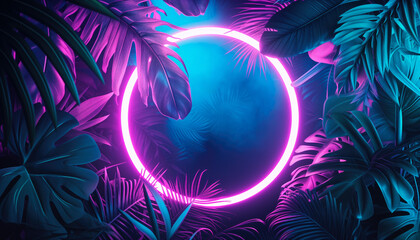 Purple pink neon glowing circle frame hovering at jungle, empty copy space in middle. Generative AI