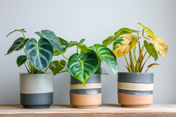 Indoor plants in colorful pots on a wooden table.
