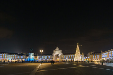 Praca do Comercio in portuguese capital during christmas time in the night with illumination and...