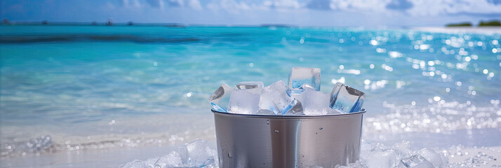 ice in a metal bucket at the lake  - obrazy, fototapety, plakaty