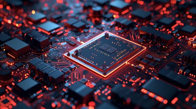 3D rendering of cyberpunk AI. Circuit board. Technology background. Central Computer Processors CPU and GPU concept. Motherboard digital chip. Tech science background