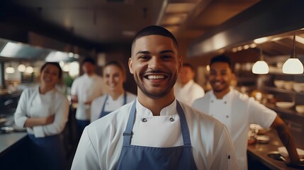 Portrait of chef standing with his team in the background in commercial kitchen at restaurant