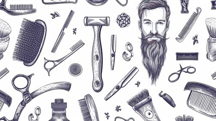 Barber Shop seamless pattern with doodle Hand drawn razor, scissors, shaving brush, comb, classic barber shop tools, Pole. Sketch. Lettering. For wallpaper, web page background - obrazy, fototapety, plakaty
