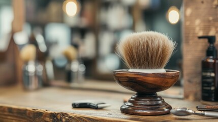 Fototapeta na wymiar brush for shaving beard along with bowl, blurred background of hair salon for men, barber shop