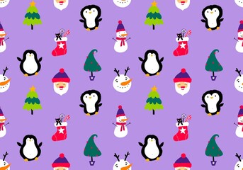 Christmas cartoon doodle seamless Santa and penguin and snowman pattern for wrapping paper and fabrics