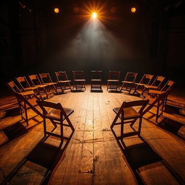 Dimly lit theater stage with an inviting ring of chairs, light filtering from above. Ready for improv group.