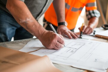 Man in work vest drawing on architectural plans