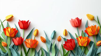 Paper origami tulips on white background with copy space for text. - obrazy, fototapety, plakaty