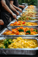 Obraz premium photo représentant le service d'un buffet d'accompagnement de légumes. nourriture, plat, à volonté, mariage, réception, serveurs