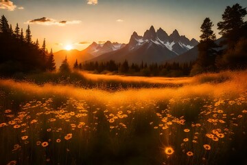 Naklejka na ściany i meble Picture a golden sunset casting a warm glow over a peaceful meadow, where wildflowers sway in the breeze, and a distant mountain range adds to the serene backdrop