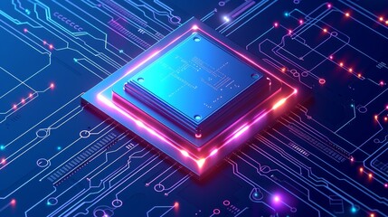 Futuristic microchip processor with lights on the blue background. Quantum computer, large data processing, database concept. CPU isometric banner. Central Computer Processors CPU concept.Digital chip