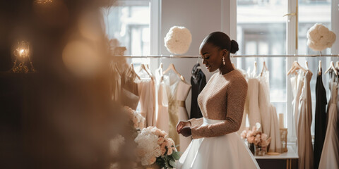 Happy bride and bridesmaid shopping for wedding dresses in a stylish boutique, celebrating the joy of choice.