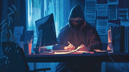 Hacker and Cyber criminals phishing stealing private personal data, user login, password, document, email and credit card. Phishing and fraud, online scam and steal. Hacker sitting at the desktop - obrazy, fototapety, plakaty