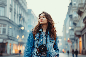 Fototapeta premium woman in a denim jacket and a camera around her neck walking in a city, in the style of travel, curious, adventurous