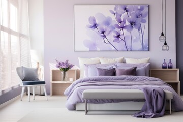 Modern bedroom with purple decor and wall art