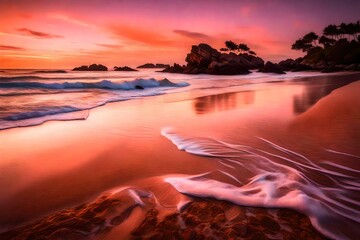  Experience the tranquility of a secluded beach at dawn, with gentle waves kissing the shore, and the sky painted in hues of pink and orange as the sun rises. - obrazy, fototapety, plakaty
