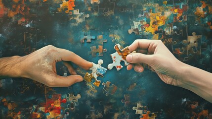 Hands combine puzzle pieces. Art collage