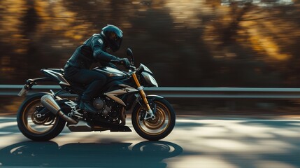 Professional motorbike rider. A motorcycle rides fast on the road. Generative AI. Sport. Copy space for your custom text. Fast motion blur effect