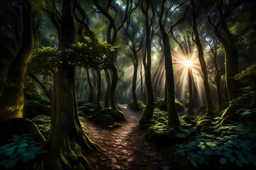  Immerse yourself in the serenity of a moonlit forest, where soft rays of light filter through the canopy, illuminating a path through the ancient trees.