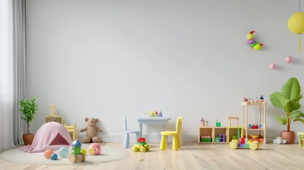 Mockup wall in the children's room,children's playroom on wall white color background.3d rendering - obrazy, fototapety, plakaty
