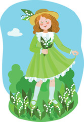 A girl  with a bouquet of lilies of the valley on the lawn.
