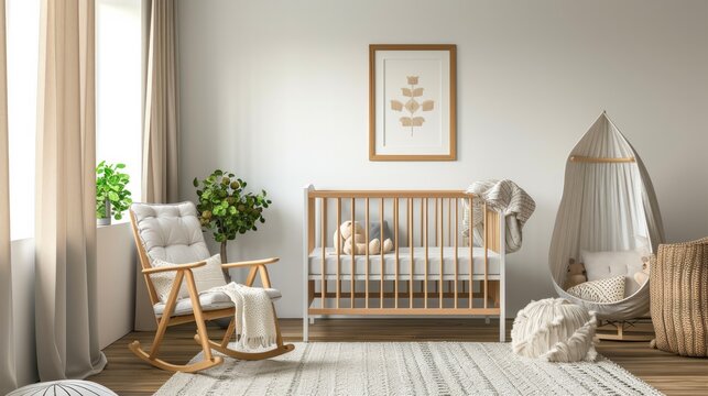 Modern baby room interior with crib and rocking chair