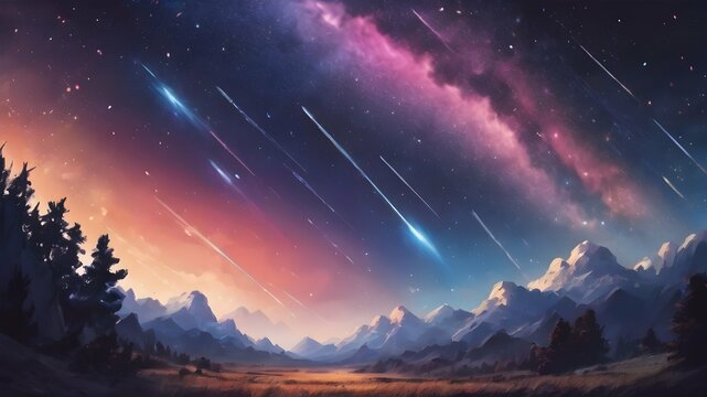 image of a landscape with mountains and a night sky with shooting stars